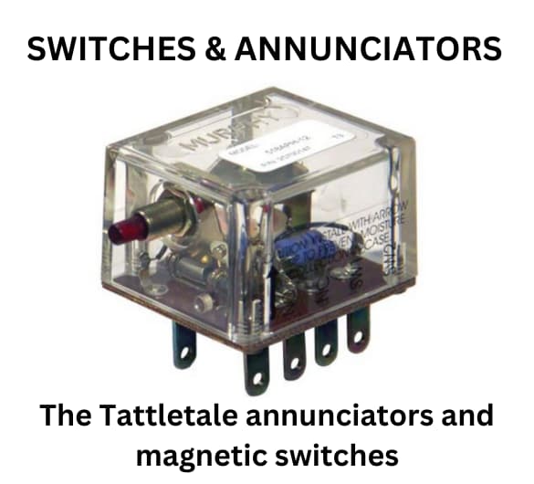  An array of tattle-tale annunciators and magnetic switches, highlighting their features and placement in an electrical setup